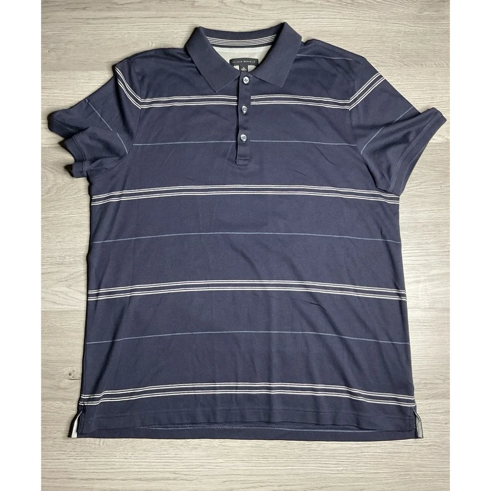 Banana Republic Mens XL Polo Shirt Navy Blue White Striped Short‎ Sleeve Cotton